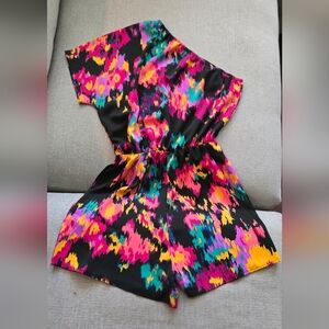 SHEIN Black Romper with Bright Pink, Teal & Yellow Abstract Print
